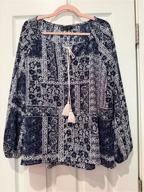 Camisa.  Navy and White Tassel Peasant Blouse